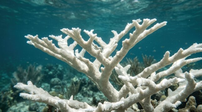 Underwater view of bleached coral reef, showing signs of environmental damage and climate change.