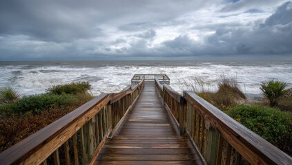 Obraz premium Wooden Boardwalk Leads to Stormy Ocean Under Dramatic Clouds.