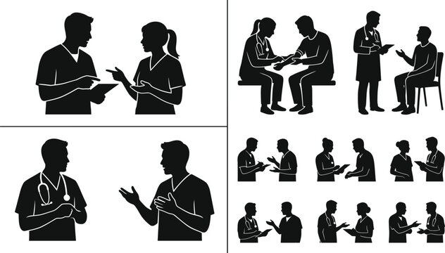 Doctor and Patient Consultation Silhouette Collection with Medical Discussion Scenes for Healthcare Graphic Design Projects