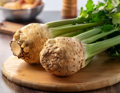 fresh celery root apium graveolens var rapaceum in a kitchen