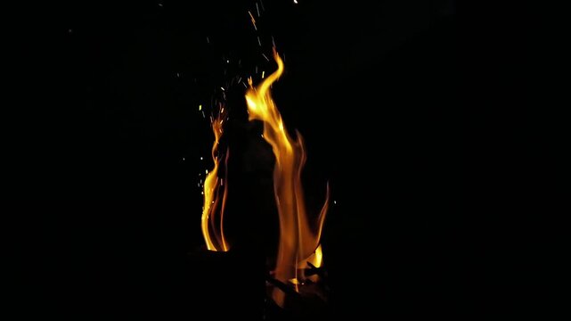 Dancing Flames at Night, A Mesmerizing Campfire Glow with Burning Sparks and Warmth