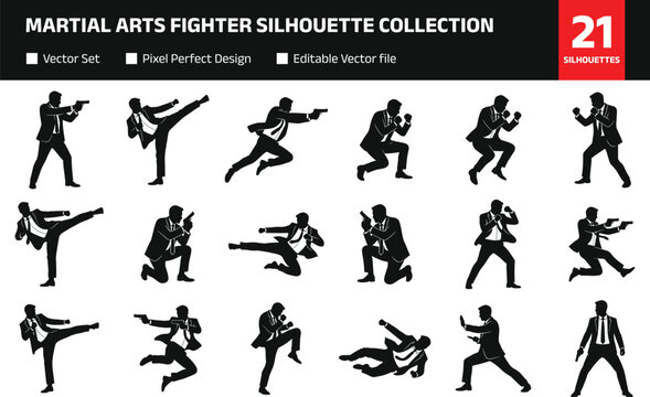 Martial Arts Fighter Silhouette Collection with Kickboxing and Combat Action Poses for Sports Graphic Design Projects