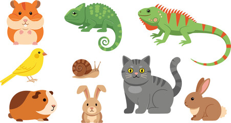 Obraz premium Cute Animal Collection with Guinea Pig, Chameleon, Cat, Bird, Snail, and Rabbit for Pet, Wildlife, and Cartoon Illustrations