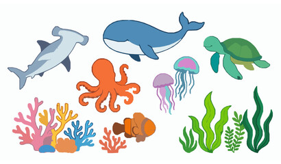 Underwater sea animals and coral reef vector illustration collection © abdul