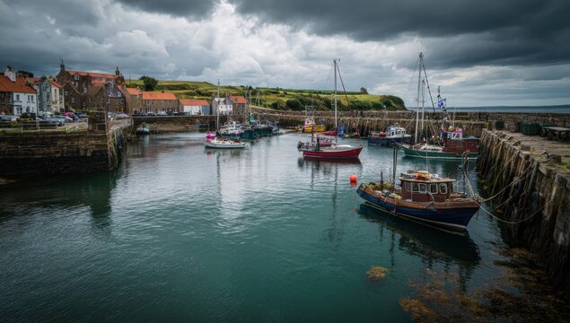 Scenic Coastal Village Harbor with Boats Under Dramatic Sky.