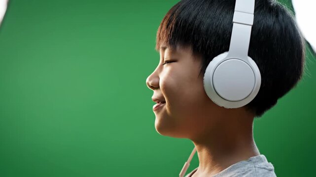 profile portrait of asian boy with closed eyes listening to song in white wireless headphones against green screen. audio learning, relaxation concept. technology blog, music app background.