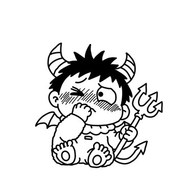 Cute little devil character blushing with shyness. Shy baby demon hiding its face. Embarrassment and love vector.