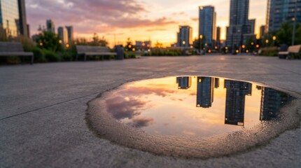 Obraz premium Sunset reflection of modern buildings in a puddle on a city park path