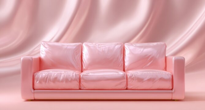 Elegant Pink Sofa in Luxurious Satin Drape Background.