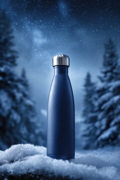 Dark Blue Water Bottle in Snowy Forest Under Starry Night Sky.
