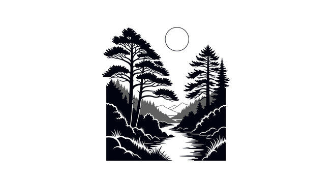 Forest wilderness landscape with river and pine trees under the moon