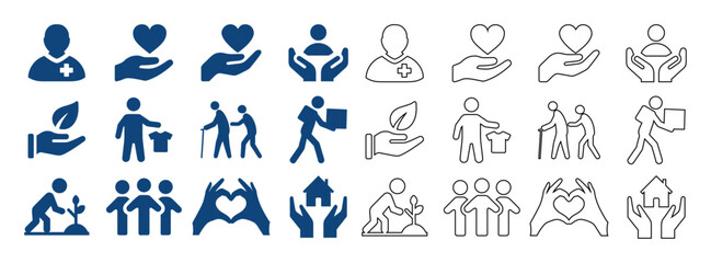 Obraz premium Charity icons set, 24 volunteering symbols, blue donation line icons