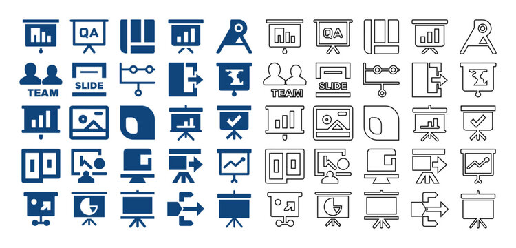 Flat and line style vector collection of business presentation icon set featuring slides, charts, team layouts, and whiteboard diagrams.