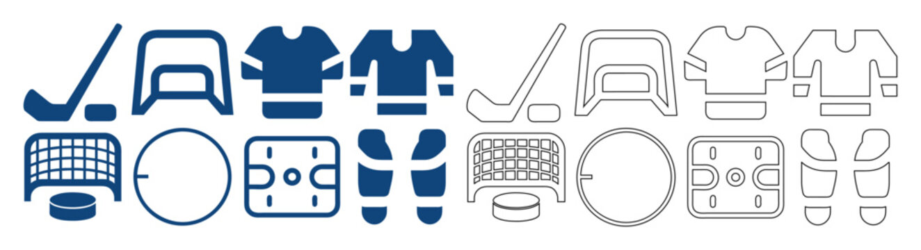 Ice hockey sport equipment line icon set designed for flat web interfaces, league competition graphics, and athletic apparel charts.