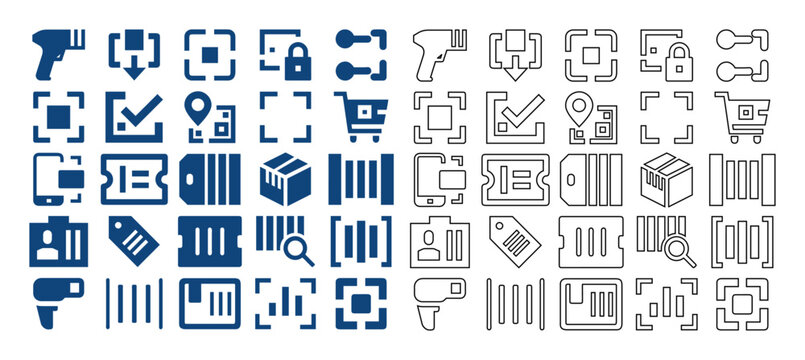 Barcode and QR code identification scanner line icon set designed for flat web interfaces, digital commerce, and logistics tracking.