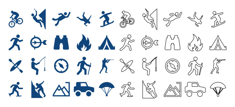 Outdoor adventure and extreme sports line icon set for flat web design, camping activities, and mountaineering lifestyle graphics.