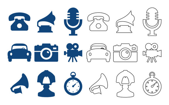 Vintage and retro technology line icon set for flat web design and antique collections.