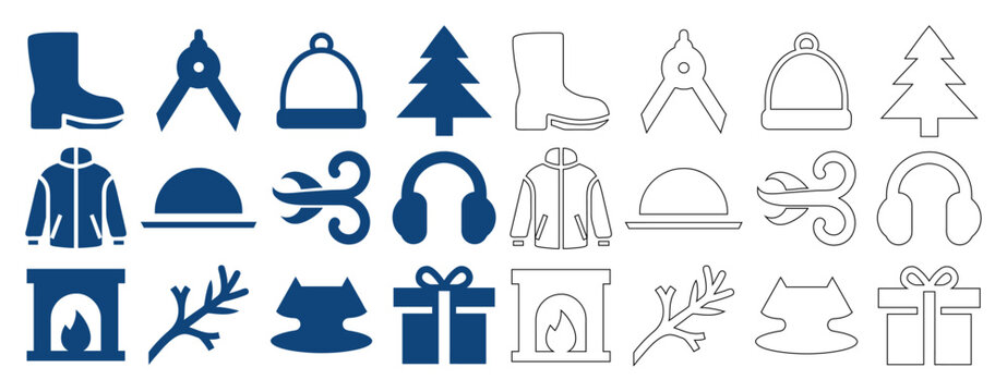 Winter and autumn seasonal line icon set for flat web design and outdoor clothing graphics.