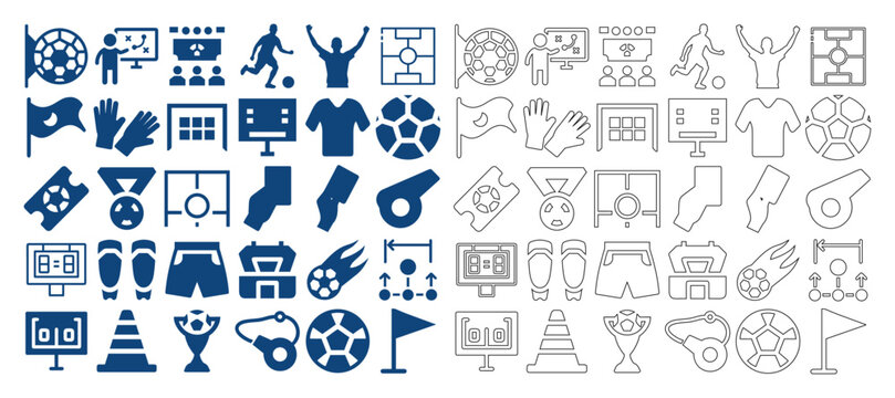 Comprehensive soccer and football sport line icon set for flat web design and championship elements.