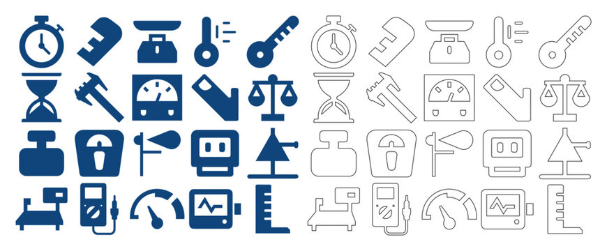 Flat and outline vector icon set of measuring instruments and tools for web design.