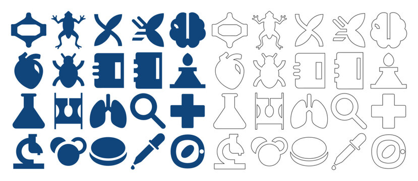 Flat and line style biology laboratory vector collection icon set for science education.