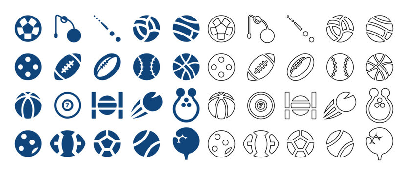 Flat and line style sports balls vector collection icon set for athletic games.