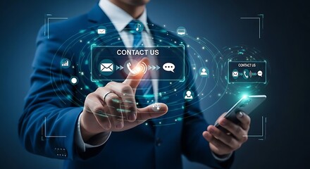 Obraz premium Contact us digital interface glowing before a businessman in a sharp focus shot with cinematic blue lighting and bokeh. Perfect for corporate help desk website banners.