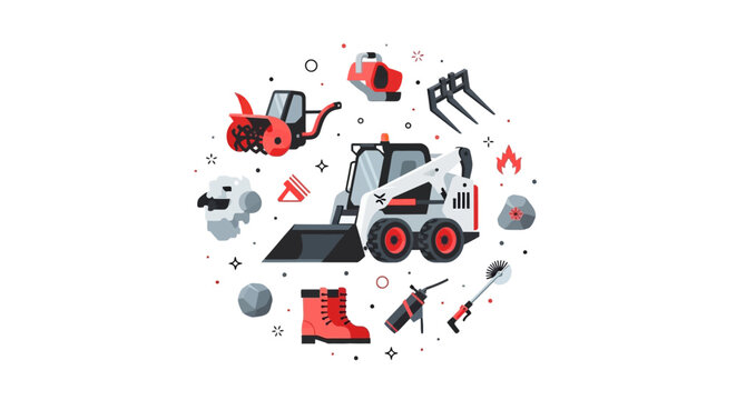 Flat Vector Illustration of a Skid Steer Loader and Construction Attachments Set