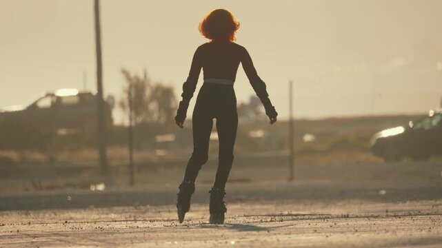Backlit young woman rollerblading at sunset