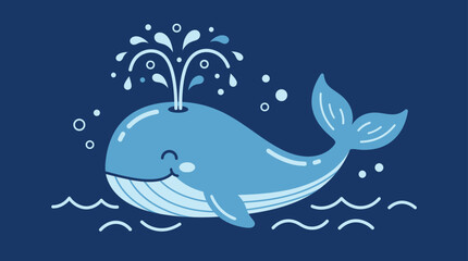 Fototapeta premium Cute Blue Whale Flat Illustration with Water Spout for Kids Decor