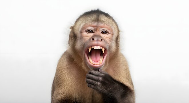 Close-up of a Surprised Monkey with Open Mouth and Hand on Face.