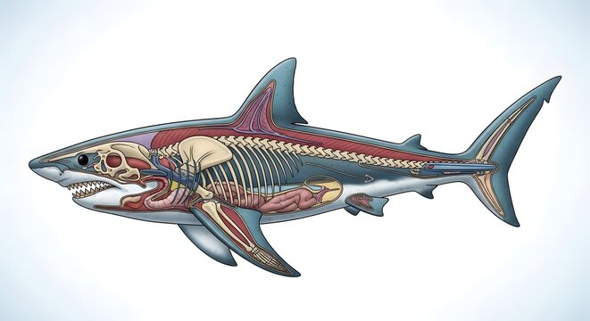 Detailed Anatomical Illustration of a Sharks Internal Organs and Skeletal Structure.