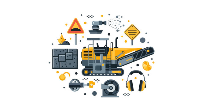 Road Construction and Asphalt Milling Machine Flat Vector Illustration with Industrial Equipment Icons, Safety Gear, and Pavement Maintenance Symbols on White Background
