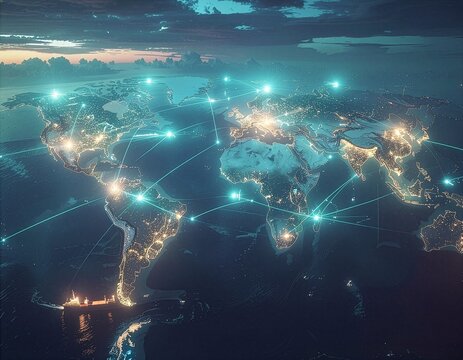 Conceptual holographic map visualizing interconnected global air and sea freight logistics routes.