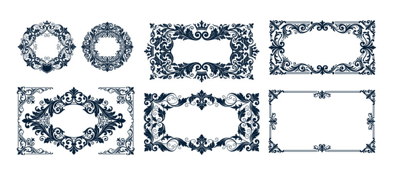 Collection of rectangular and circular luxury frames and ornate border vector illustration.