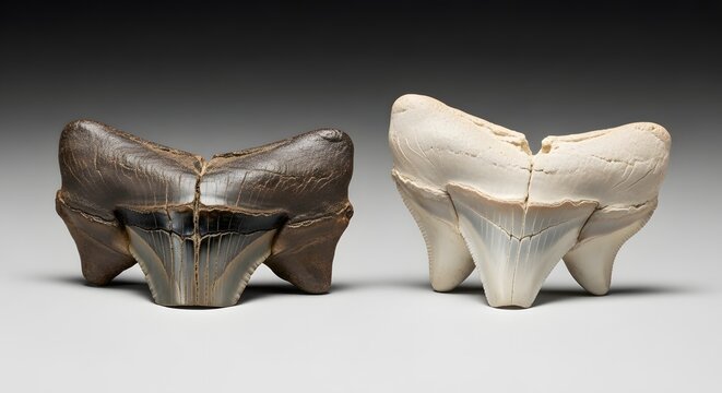 Two Ancient Megalodon Shark Teeth Displayed Side by Side.
