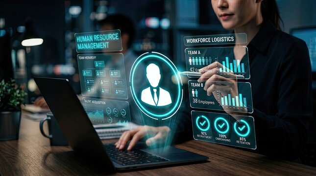 Professional human resource manager uses a digital holographic interface to analyze workforce logistics and staffing data on a modern laptop computer