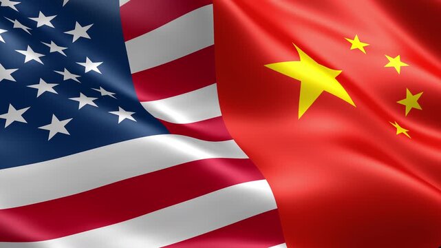 USA vs China concept with waving flags. Trade war, political conflict, and global economic competition background