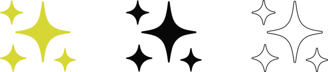 Fototapeta premium Sparkle Stars Icon Set with 3 Icon Concepts Colour Icon, Solid Icon, and Line Art Transparent PNG for Magic Beauty and Decorative Design Projects