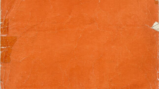 A high-resolution background of distressed orange paper featuring vintage creases, worn edges, and remnants of adhesive tape for a rustic design aesthetic.