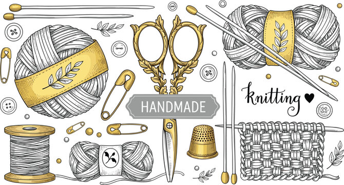 Handmade Knitting and Sewing Vector Set with Vintage Gold Scissors, Yarn Balls, Knitting Needles, and Crafting Tools for Hobby Logos, DIY Workshops, and Needlework Design
