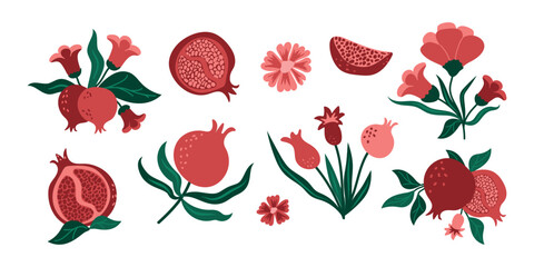 Hand-drawn pomegranate fruits with leaves and flowers in a modern style. Summer design for templates, posters, postcards, covers, and more. Vector Mediterranean botanical illustration © Alyona 