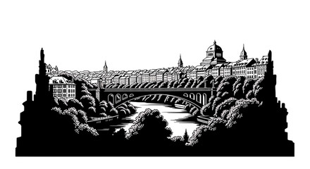 Fototapeta premium European Cityscape with Arched Bridge and Cathedral Over River