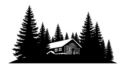 Obraz premium Rustic log cabin nestled in a dense pine forest silhouette