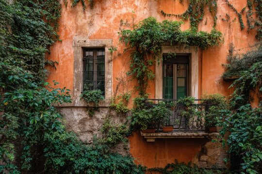 Charming Old Building Facade Covered in Lush Green Ivy and Vines.