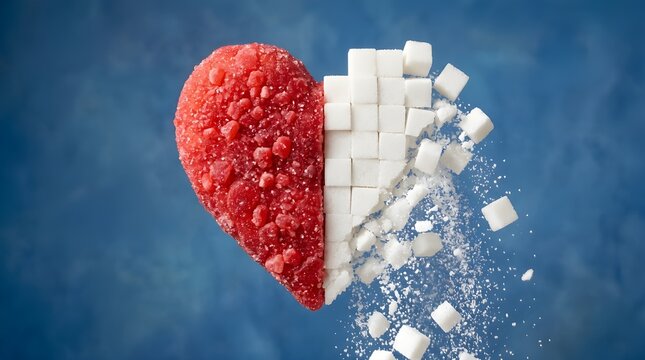 Heart shape ground meat next to pouring salt cubes on blue background