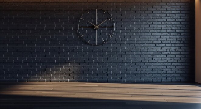 Modern clock on dark brick wall with sunlight shadow