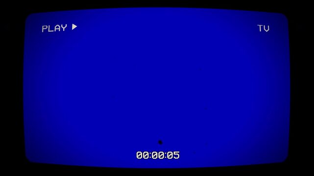 Vintage crt tv blue screen overlay with play text and timecode. Perfect for adding an authentic 80s or 90s nostalgic vibe to your video projects. 4K video