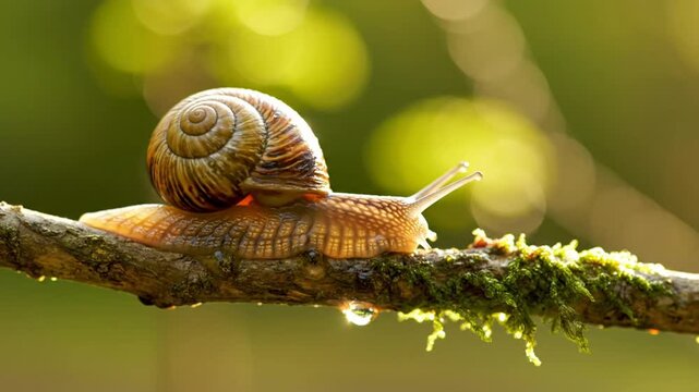 Close-up of a slow-moving snail with a spiraled shell gliding across a tree branch with moss and a droplet of water in the sunlight