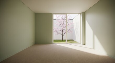Fototapeta premium Empty room with window view of pink cherry blossom
